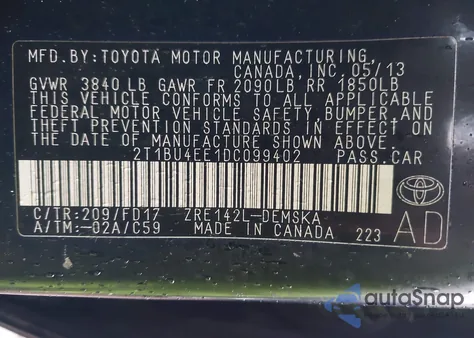 2013 Toyota Corolla S from USA, damaged, VIN 2T1BU4EE1DC099402